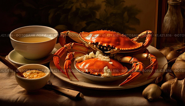 Seafood, crabs on a plate. Стоковое AI-изображение, AI-художник Кирилл Черезов / Фотобанк Лори