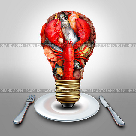 Seafood idea and thinking sea food menu ideas as shellfish crustacean and fish grouped together shaped as a lightbulb or light bulb symbol on a diner plate with lobster clams mussels shrimp octopus and sardines as a cooking inspiration metaphor. Стоковое фото, агентство Ingram Publishing / Фотобанк Лори