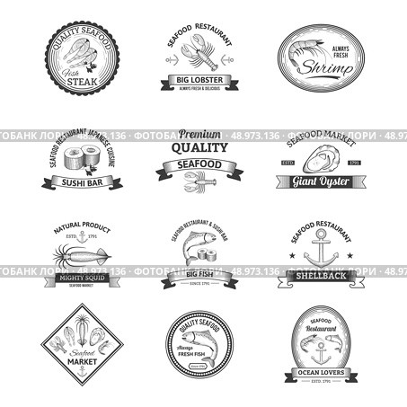 Seafood restaurant nautical shop sushi bar retro emblems set isolated vector illustration. Стоковая иллюстрация, агентство Ingram Publishing / Фотобанк Лори