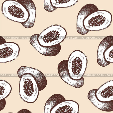 Seamles Pattern Of Papaya. Hand Drawn Sketch. Retro Vintage Design. Vector Illustration. Стоковая иллюстрация, агентство Ingram Publishing / Фотобанк Лори