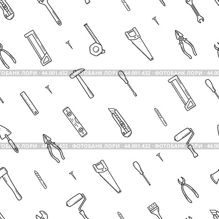 Seamless pattern Construction tools, doodle vector set of repair elements, cartoon icons. Стоковая иллюстрация, иллюстратор Глущенко Елена / Фотобанк Лори