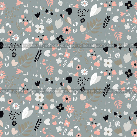 Seamless pattern design with hand drawn flowers and floral elements, vector illustration. Стоковая иллюстрация, агентство Ingram Publishing / Фотобанк Лори