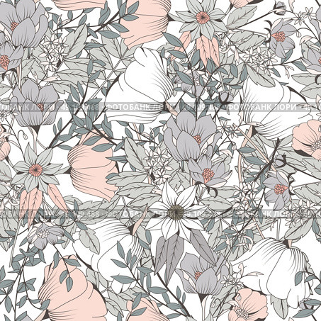 Seamless pattern design with hand drawn flowers and floral elements. Стоковая иллюстрация, агентство Ingram Publishing / Фотобанк Лори