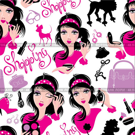 Seamless pattern for fashion Design, glamor lovely girls using different tools to apply make-up and accessories. Стоковая иллюстрация, агентство Ingram Publishing / Фотобанк Лори