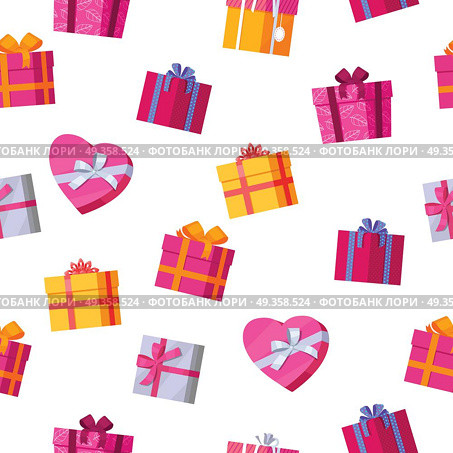 Seamless Pattern Gift Boxes.. Seamless pattern gift boxes. Colorful wrapped gift boxes. Beautiful present box with overwhelming bow. Various gift boxes on white background. Gift symbol. Christmas gift box. Vector illustration. Стоковая иллюстрация, агентство Ingram Publishing / Фотобанк Лори