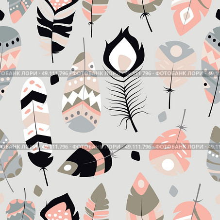 Seamless pattern with boho vintage tribal ethnic colorful vibrant feathers, vector illustration. Стоковая иллюстрация, агентство Ingram Publishing / Фотобанк Лори