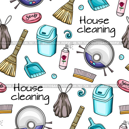 Seamless pattern with cleaning tools, vacuum cleaner, broom and detergents. Hand drawn vector background. Стоковая иллюстрация, агентство Ingram Publishing / Фотобанк Лори