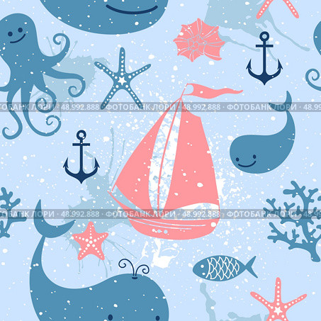 Seamless pattern with cute whales, sailing, octopus. Vector illustration. Стоковая иллюстрация, агентство Ingram Publishing / Фотобанк Лори