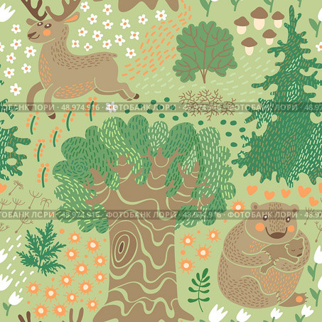 Seamless pattern with deer, bears in the woods. Perfect for a child's room design, wallpaper, texture surfaces. Vector illustration. Стоковая иллюстрация, агентство Ingram Publishing / Фотобанк Лори