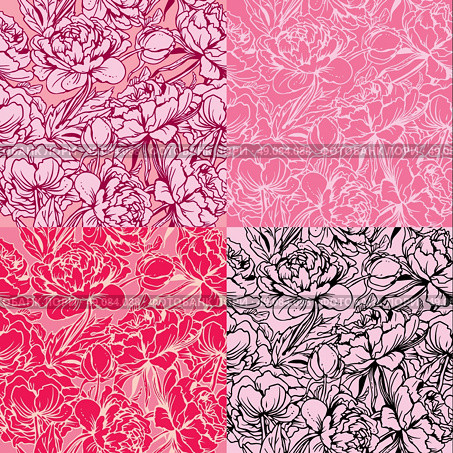 Seamless pattern with Realistic handdrawn flowers - peony - background in pink, red, white and black colors. Стоковая иллюстрация, агентство Ingram Publishing / Фотобанк Лори