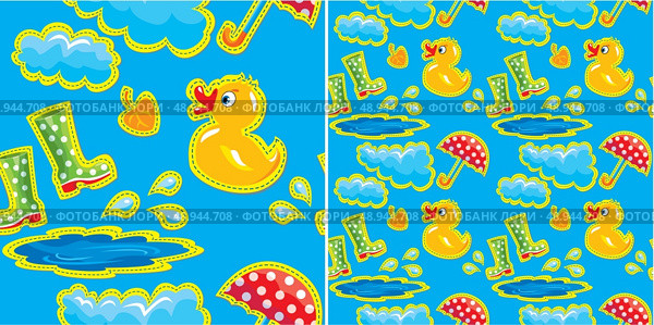 seamless pattern with rubber duck and boots, clouds, umbrella and puddle - autumn design for kids. Стоковая иллюстрация, агентство Ingram Publishing / Фотобанк Лори
