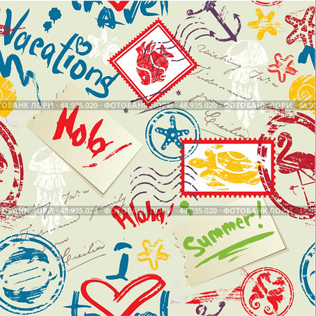 Seamless pattern with Sea and tropical elements - rubber stamps collection. Ready to use as swatch. Стоковая иллюстрация, агентство Ingram Publishing / Фотобанк Лори