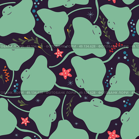 Seamless pattern with underwater ocean animals, cute stingray and starfish, colorful vector illustration. Стоковая иллюстрация, агентство Ingram Publishing / Фотобанк Лори