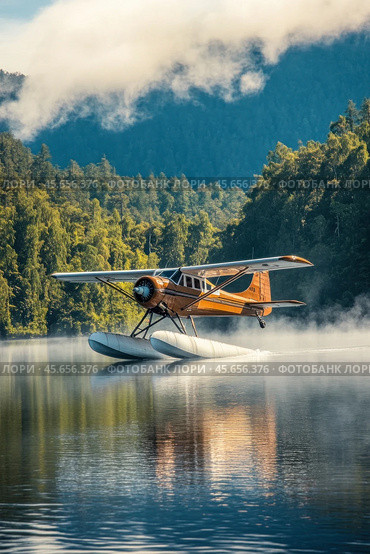 Seaplane landing on misty lake in mountain forest. Стоковое AI-изображение, AI-художник Юрий Поздников / Фотобанк Лори