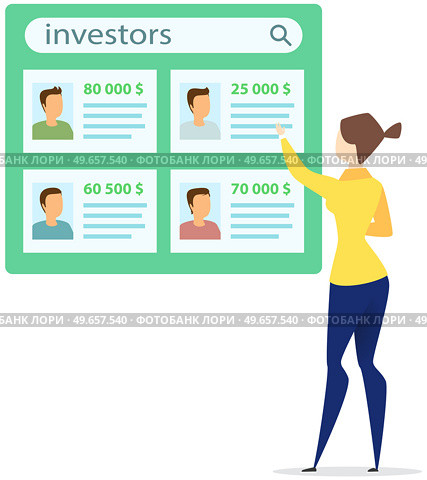 Search for investors, business development contributors concept. Lady looking for sponsors for project or startup. Woman choosing candidate from board with investor cards, money in bank accounts. Search for investors, business contributors concept. Lady looks for sponsors for project or startup. Стоковая иллюстрация, агентство Ingram Publishing / Фотобанк Лори
