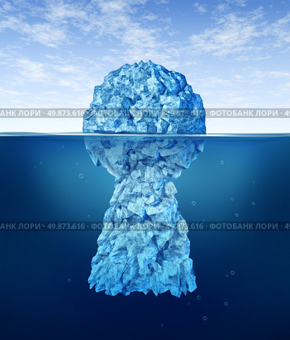 Searching for the key to success with an iceberg shaped as a an icon of solutions security with the top in view and the rest hidden under arctic cold ocean as a life and business symbol of hope. Стоковое фото, агентство Ingram Publishing / Фотобанк Лори