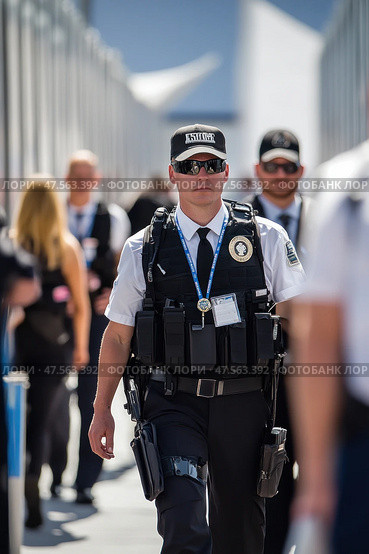 Security guard patrolling a busy public area during the daytime. Стоковое AI-изображение, AI-художник Юрий Поздников / Фотобанк Лори