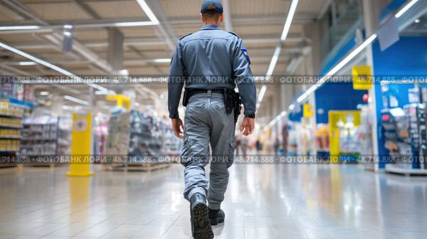 Security guard patrolling inside a supermarket or hypermarket. Стоковое AI-изображение, AI-художник Юрий Поздников / Фотобанк Лори