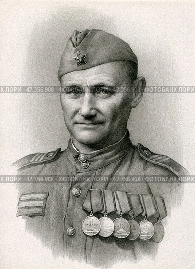 Семён Васильевич Грецов, сержант медицинской службы во время Великой Отечественной войны. Единственный награжденный шестью медалями "За отвагу" Редакционная иллюстрация, иллюстратор Retro / Фотобанк Лори