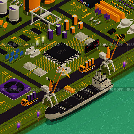 Semiconductor electronic components assembled on printed circuit board as harbor freight barge vessel isometric composition vector illustration . Semiconductor Electronic Components Isometric Composition . Стоковая иллюстрация, агентство Ingram Publishing / Фотобанк Лори