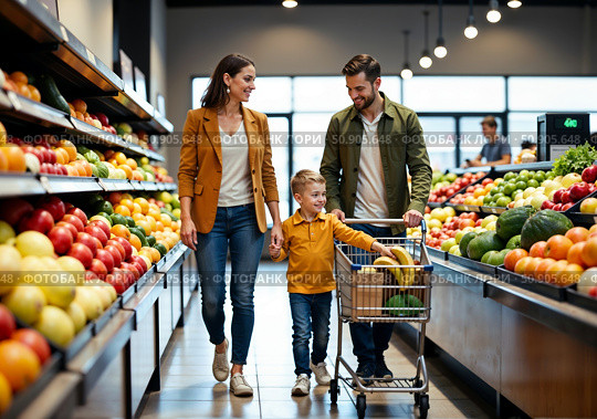 Семья идет с тележкой покупать овощи и фрукты в супермаркете. A family is shopping for vegetables and fruits at a supermarket with a shopping cart. Стоковое AI-изображение, AI-художник Смирнова Светлана / Фотобанк Лори