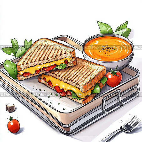 Сэндвич с расплавленным сыром и томатным супом на обед с овощами. Стоковое AI-изображение, AI-художник Сергей Милянчиков / Фотобанк Лори