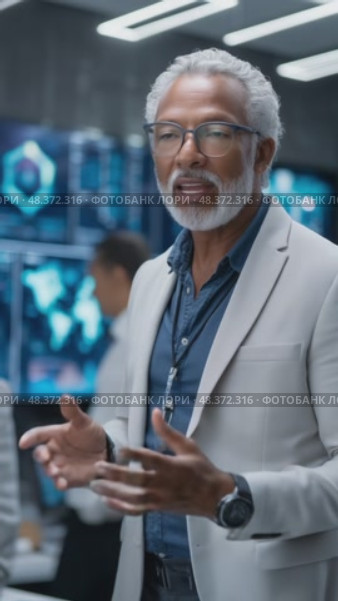 Senior engineer gesturing and explaining strategy in control room. Стоковое AI-видео, аниматор Юрий Поздников / Фотобанк Лори