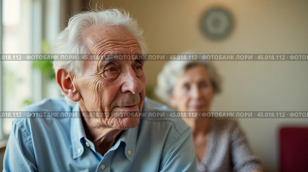 Senior man with advanced cognitive decline sitting in chair, appearing disoriented and confused, unable to recognize familiar objects, feeling lonely and depressed, showing signs of dementia. Стоковое AI-изображение, AI-художник Павел Муравьев / Фотобанк Лори