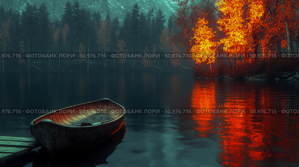 Serene Autumnal Lake Scene with Rowboat and Fiery Trees. Стоковое AI-изображение, AI-художник Данила Большаков / Фотобанк Лори