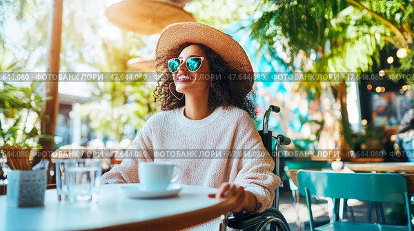 Serene cafe moment: Woman in wheelchair enjoys coffee with cheerful expression in sunlit outdoor setting, promoting inclusivity and positive attitude. Стоковое AI-изображение, AI-художник Данила Большаков / Фотобанк Лори