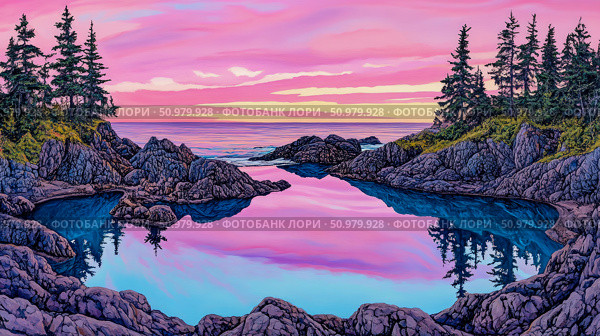 Serene Coastal Sunset Reflection: A Pink and Blue Haven. Стоковое AI-изображение, AI-художник Данила Большаков / Фотобанк Лори