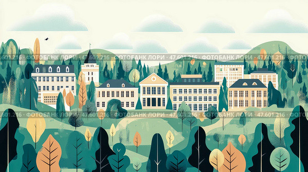 Serene Hilltop Estate: Architectural Haven Amidst Lush Greenery. Стоковое AI-изображение, AI-художник Данила Большаков / Фотобанк Лори