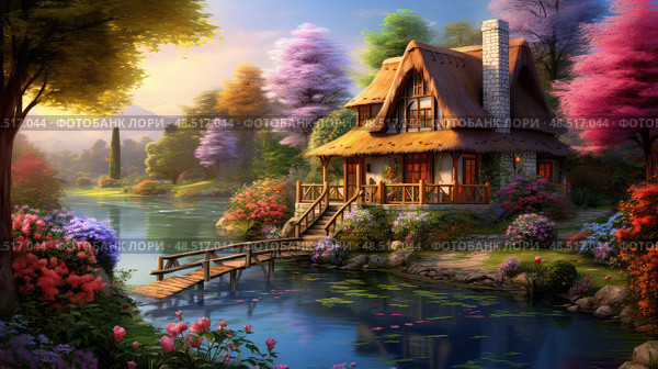 serene house on water ai generated. Стоковое AI-изображение, AI-художник Vectorwin / Фотобанк Лори
