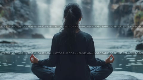 Serene Meditation: Woman in Lotus Position Before a Waterfall, Seeking Inner Peace and Harmony with Nature's Tranquility. Стоковое AI-видео, аниматор Данила Большаков / Фотобанк Лори