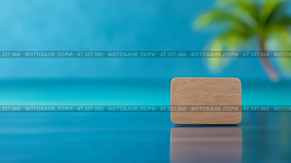 Serene tropical waters reflect a blank card under sunlight near a beach. Пустая карта спокойно покоится в кристально чистых тропических водах, окруженная пышными пальмами и безмятежным песчаным пляжем под ярким солнечным светом, создавая умиротворяющую атмосферу. Стоковое AI-изображение, AI-художник Katsiaryna Repich / Фотобанк Лори