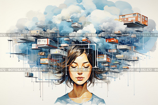 Serene woman with her eyes closed, envisioning a floating city amongst clouds, blending the boundaries between the real and the imagined. Стоковое AI-изображение, AI-художник Данила Большаков / Фотобанк Лори