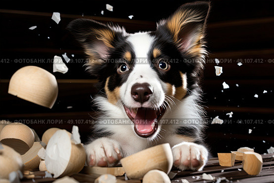 Serenity Unleashed: A Majestic Tabletop Moment With a Calm Dog. Стоковое AI-изображение, AI-художник Данила Большаков / Фотобанк Лори