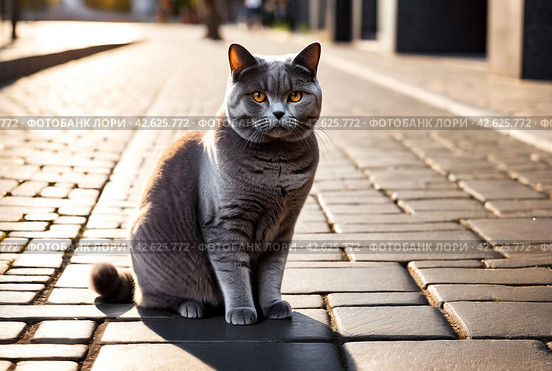 Serious British Shorthair Cat Sitting Outdoors, confident looking forward attentively. Gray british shorthair cat sits calmly on paved surface inside. Pet cats concept. Copy ad text space poster. Стоковое AI-изображение, AI-художник Aleksandr Golubev / Фотобанк Лори