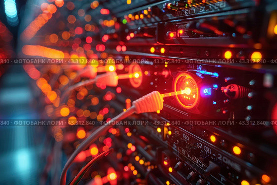 Server center close-up. Numerous cables and LEDs are visible, illuminating the equipment with bright red and orange lights. Cables are connected to various ports and connectors, creating a feeling of intense work and data exchange. The background is blurred, which allows you to concentrate on the details of the foreground and conveys a technological atmosphere. The image symbolizes modern digital infrastructure and high technology. Стоковое AI-изображение, AI-художник Анна Кривицкая / Фотобанк Лори