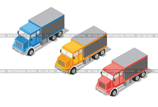 Set cargo truck isometric transportation icon. Lorry with container transport isolated on white background. Industrial logistics. For commercial delivery infographics, web design. Стоковая иллюстрация, агентство Ingram Publishing / Фотобанк Лори