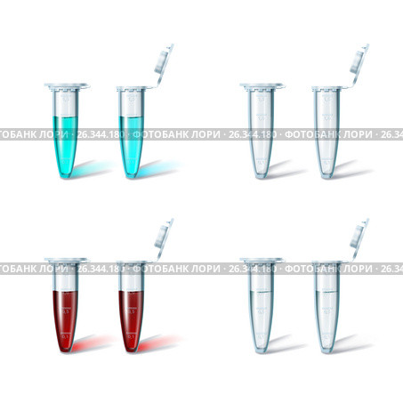 Set four opened and closed microtest tubes. Стоковая иллюстрация, иллюстратор Анастасия Некрасова / Фотобанк Лори