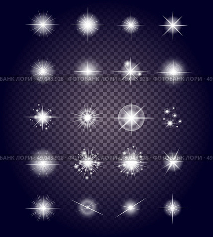 Set glows bright star light fireworks. Flash and glow, sparkle illuminated, flare effect, shine explosion, glitter and twinkle, spark magic, decoration starburst, shiny illustration. Стоковая иллюстрация, агентство Ingram Publishing / Фотобанк Лори