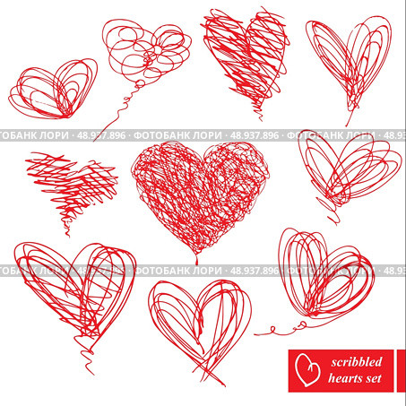 Set of 10 scribbled hand-drawn sketch hearts for Valentines Day design. Стоковая иллюстрация, агентство Ingram Publishing / Фотобанк Лори