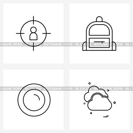 Set of 4 Simple Line Icons for Web and Print such as aim, school, marketing, bag, interior Vector Illustration. Стоковая иллюстрация, агентство Ingram Publishing / Фотобанк Лори