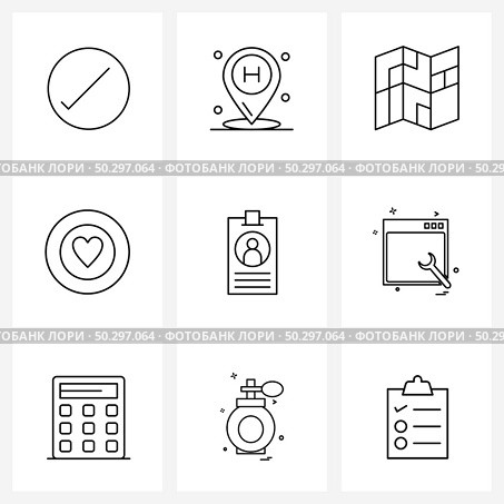 Set of 9 Simple Line Icons for Web and Print such as office, id card, navigation, data, valentine Vector Illustration. Стоковая иллюстрация, агентство Ingram Publishing / Фотобанк Лори