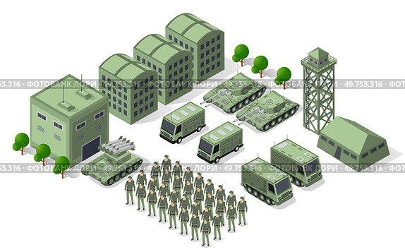 Set of army armed troop isometric armed military transport objects and war combat equipment force graphic elements tank machine 3D illustration. Set of army armed troop isometric armed military transport objects. Стоковая иллюстрация, агентство Ingram Publishing / Фотобанк Лори