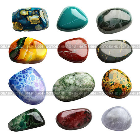 Set of beautiful smooth polished mineral stones isolated on white background. Стоковое AI-изображение, AI-художник Иван Рябоконь / Фотобанк Лори