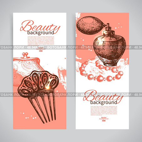 Set of beauty sketch banners. Vintage hand drawn vector illustration of cosmetic accessories. Стоковая иллюстрация, агентство Ingram Publishing / Фотобанк Лори