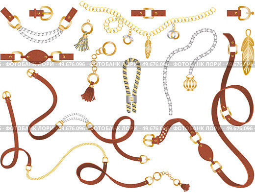 Set of belt elements, chain and braid, pendant, gold and silver links and fasteners for fabric design wallpapers, prints, textile and pattern. Isolated vector with metallic and leather accessories. Set of belt elements, chain and braid, gold and silver links and fasteners for fabric design vector. Стоковая иллюстрация, агентство Ingram Publishing / Фотобанк Лори