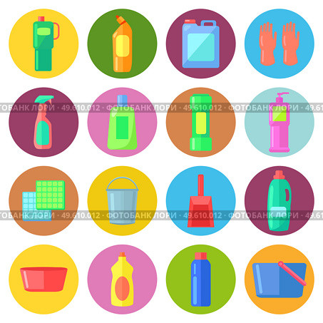 Set of bottles of household chemicals, supplies and cleaning, tools and containers for cleaning. Icons group of multicolored plastic flasks from chemical detergents, gloves, buckets, basins, rags. Set of bottles of household chemicals, supplies and cleaning, tools and containers for cleaning. Стоковая иллюстрация, агентство Ingram Publishing / Фотобанк Лори
